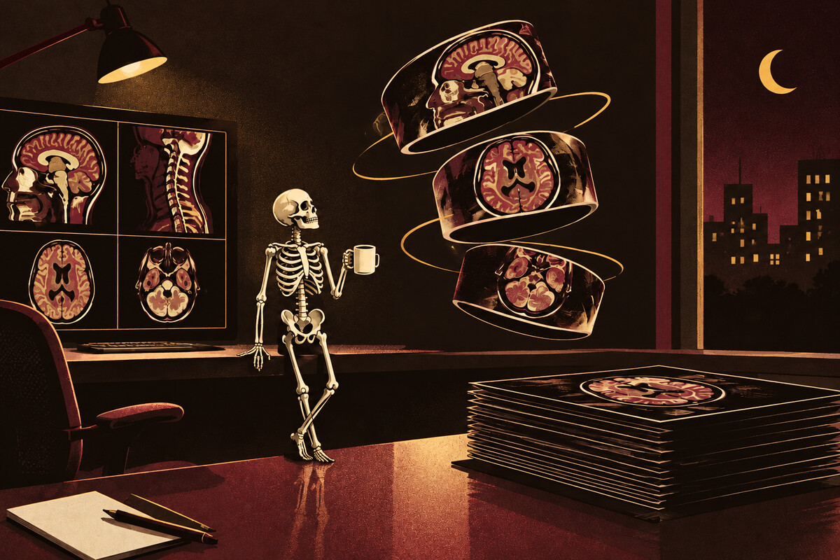 A skeleton radiologist enjoying coffee during a night shift